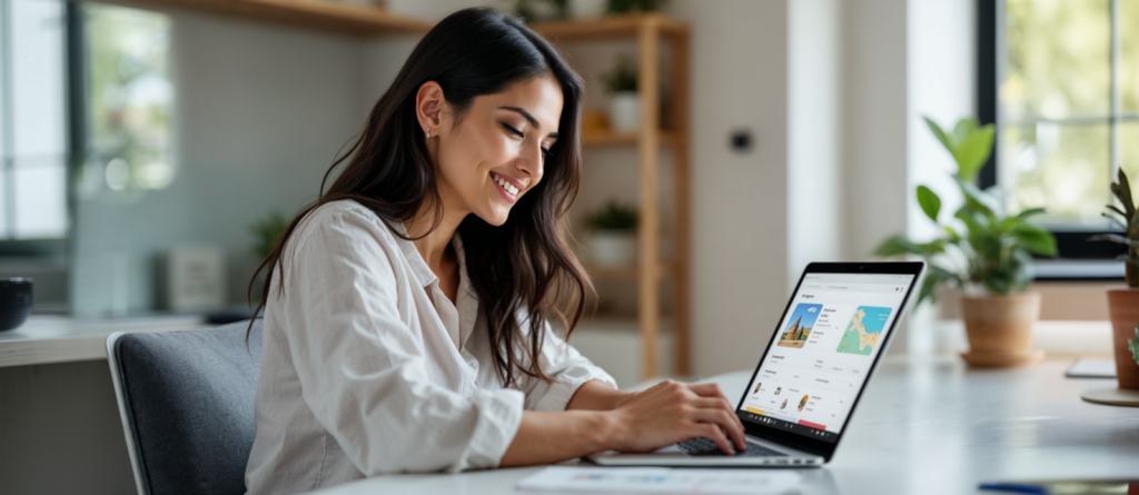 persona trabajando como agente de viajes desde casa con laptop