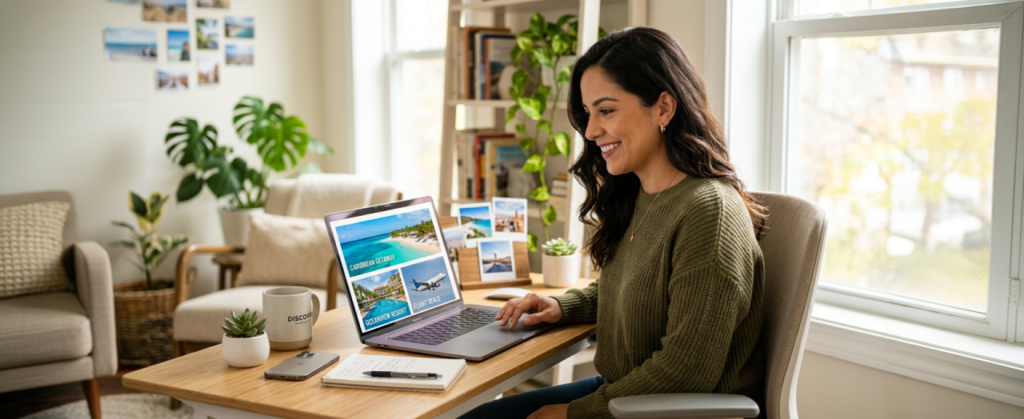 persona trabajando como agente de viajes desde casa con laptop