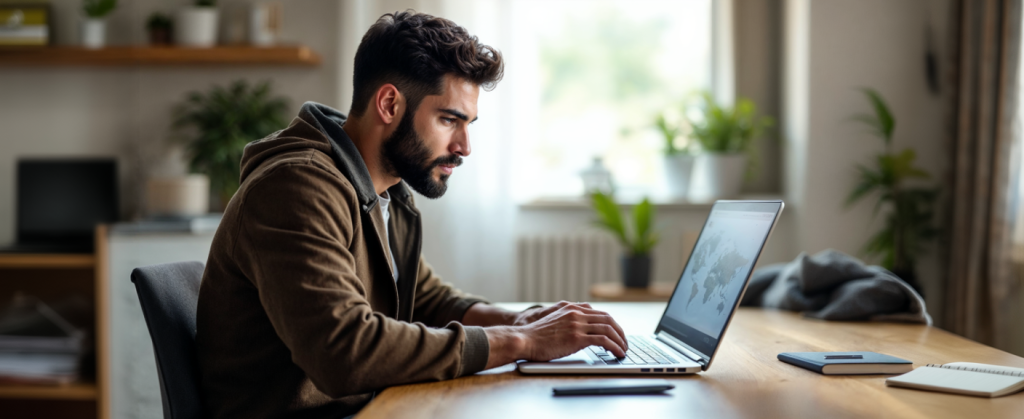 persona trabajando como agente de viajes desde casa con laptop Archer Travel