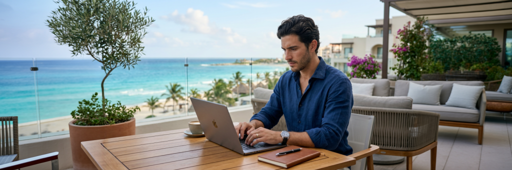 persona trabajando como agente de viajes desde casa con laptop Archer Travel