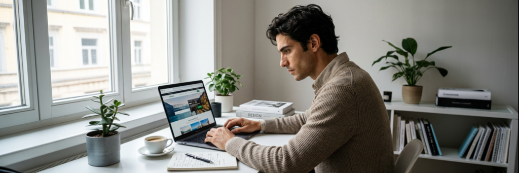 persona trabajando como agente de viajes desde casa con laptop Archer Travel
