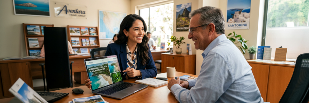 persona trabajando como agente de viajes desde casa con laptop Archer Travel