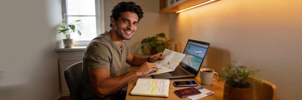 persona trabajando como agente de viajes desde casa con laptop Archer Travel